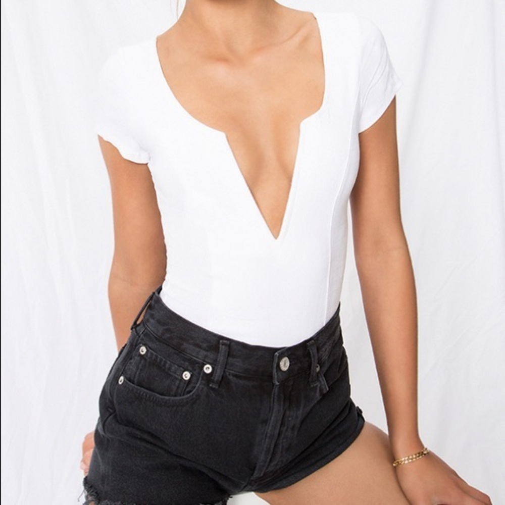 FREE PEOPLE White V Neck Bodysuit